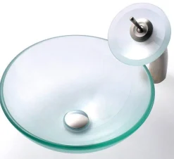 Sale Frosted Glass Vessel Sink and Waterfall Faucet Sink And Faucet Combos