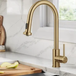 2-Function Single Handle Pull Down Kitchen Faucet in Spot-Free Brushed Brass Single Hole