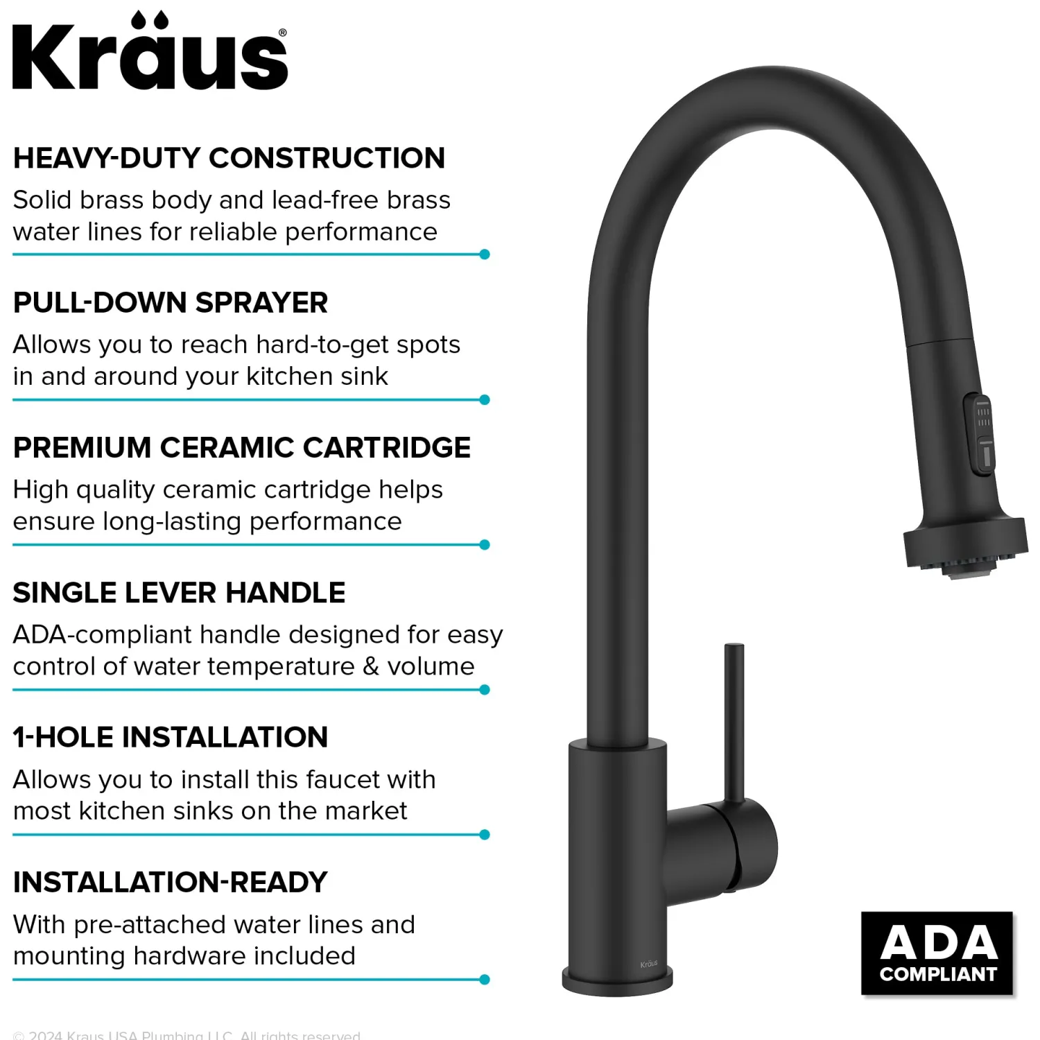 Clearance 2-Function Single Handle Pull Down Kitchen Faucet in Matte Black Single Hole