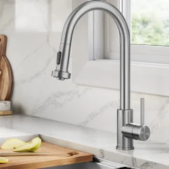 Online 2-Function Single Handle Pull Down Kitchen Faucet in Spot-Free Stainless Single Hole