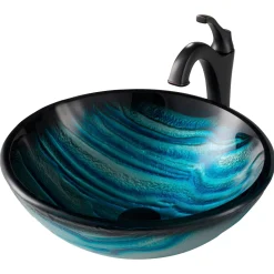 Hot 17-Inch Blue Glass Nature Series Bathroom Vessel Sink and Arlo Faucet Combo Set with Pop-Up Drain Sink And Faucet Combos|Above Counter / Vessel Sinks