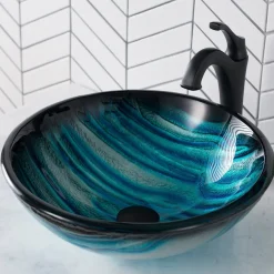 Hot 17-Inch Blue Glass Nature Series Bathroom Vessel Sink and Arlo Faucet Combo Set with Pop-Up Drain Sink And Faucet Combos|Above Counter / Vessel Sinks