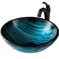 Hot 17-Inch Blue Glass Nature Series Bathroom Vessel Sink and Arlo Faucet Combo Set with Pop-Up Drain Sink And Faucet Combos|Above Counter / Vessel Sinks