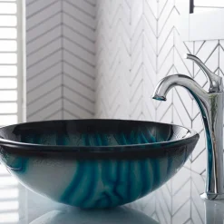 Hot 17-Inch Blue Glass Nature Series Bathroom Vessel Sink and Arlo Faucet Combo Set with Pop-Up Drain Sink And Faucet Combos|Above Counter / Vessel Sinks