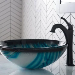 Hot 17-Inch Blue Glass Nature Series Bathroom Vessel Sink and Arlo Faucet Combo Set with Pop-Up Drain Sink And Faucet Combos|Above Counter / Vessel Sinks
