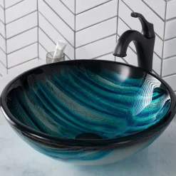 Hot 17-Inch Blue Glass Nature Series Bathroom Vessel Sink and Arlo Faucet Combo Set with Pop-Up Drain Sink And Faucet Combos|Above Counter / Vessel Sinks
