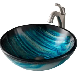 Hot 17-Inch Blue Glass Nature Series Bathroom Vessel Sink and Arlo Faucet Combo Set with Pop-Up Drain Sink And Faucet Combos|Above Counter / Vessel Sinks