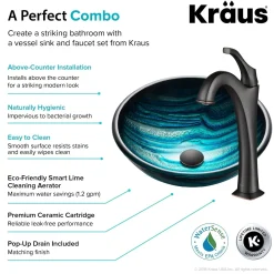 Hot 17-Inch Blue Glass Nature Series Bathroom Vessel Sink and Arlo Faucet Combo Set with Pop-Up Drain Sink And Faucet Combos|Above Counter / Vessel Sinks