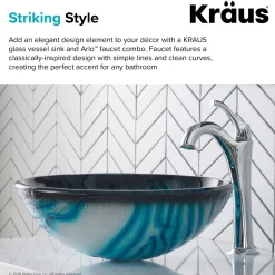 Hot 17-Inch Blue Glass Nature Series Bathroom Vessel Sink and Arlo Faucet Combo Set with Pop-Up Drain Sink And Faucet Combos|Above Counter / Vessel Sinks