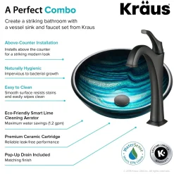 Hot 17-Inch Blue Glass Nature Series Bathroom Vessel Sink and Arlo Faucet Combo Set with Pop-Up Drain Sink And Faucet Combos|Above Counter / Vessel Sinks