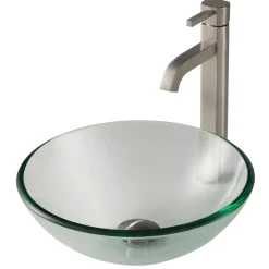 Sale 14-Inch Clear Glass Bathroom Vessel Sink and Ramus Faucet Combo Set with Pop-Up Drain Sink And Faucet Combos|Above Counter / Vessel Sinks