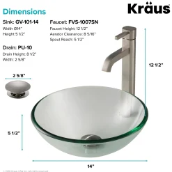 Sale 14-Inch Clear Glass Bathroom Vessel Sink and Ramus Faucet Combo Set with Pop-Up Drain Sink And Faucet Combos|Above Counter / Vessel Sinks