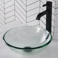 Sale 14-Inch Clear Glass Bathroom Vessel Sink and Ramus Faucet Combo Set with Pop-Up Drain Sink And Faucet Combos|Above Counter / Vessel Sinks