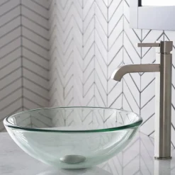 Sale 14-Inch Clear Glass Bathroom Vessel Sink and Ramus Faucet Combo Set with Pop-Up Drain Sink And Faucet Combos|Above Counter / Vessel Sinks