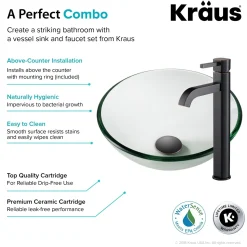 Sale 14-Inch Clear Glass Bathroom Vessel Sink and Ramus Faucet Combo Set with Pop-Up Drain Sink And Faucet Combos|Above Counter / Vessel Sinks