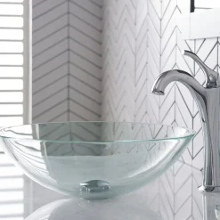 New 16 1/2-Inch Crystal Clear Glass Bathroom Vessel Sink and Arlo Faucet Combo Set with Pop-Up Drain Sink And Faucet Combos|Above Counter / Vessel Sinks