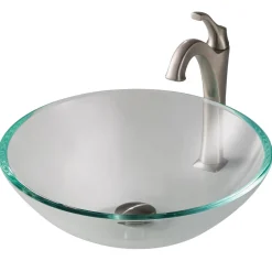 New 16 1/2-Inch Crystal Clear Glass Bathroom Vessel Sink and Arlo Faucet Combo Set with Pop-Up Drain Sink And Faucet Combos|Above Counter / Vessel Sinks