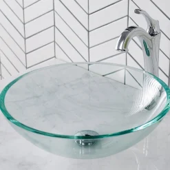 New 16 1/2-Inch Crystal Clear Glass Bathroom Vessel Sink and Arlo Faucet Combo Set with Pop-Up Drain Sink And Faucet Combos|Above Counter / Vessel Sinks
