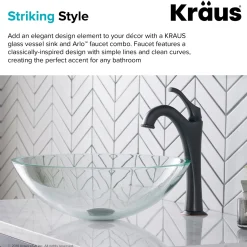 New 16 1/2-Inch Crystal Clear Glass Bathroom Vessel Sink and Arlo Faucet Combo Set with Pop-Up Drain Sink And Faucet Combos|Above Counter / Vessel Sinks
