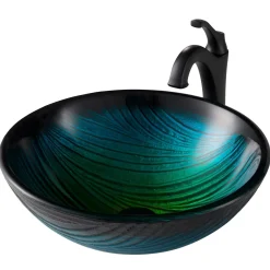Sale 17-Inch Green Glass Nature Series Bathroom Vessel Sink and Arlo Faucet Combo Set with Pop-Up Drain Sink And Faucet Combos|Above Counter / Vessel Sinks