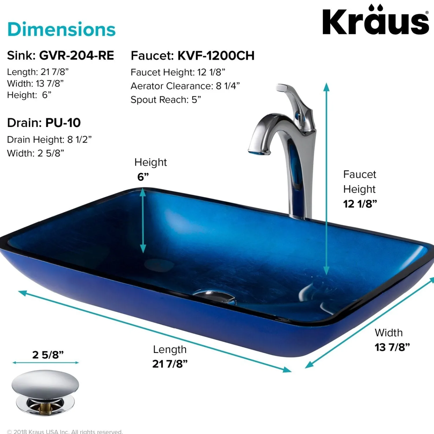 New 22-Inch Rectangular Blue Glass Bathroom Vessel Sink and Arlo Faucet Combo Set with Pop-Up Drain Sink And Faucet Combos|Above Counter / Vessel Sinks