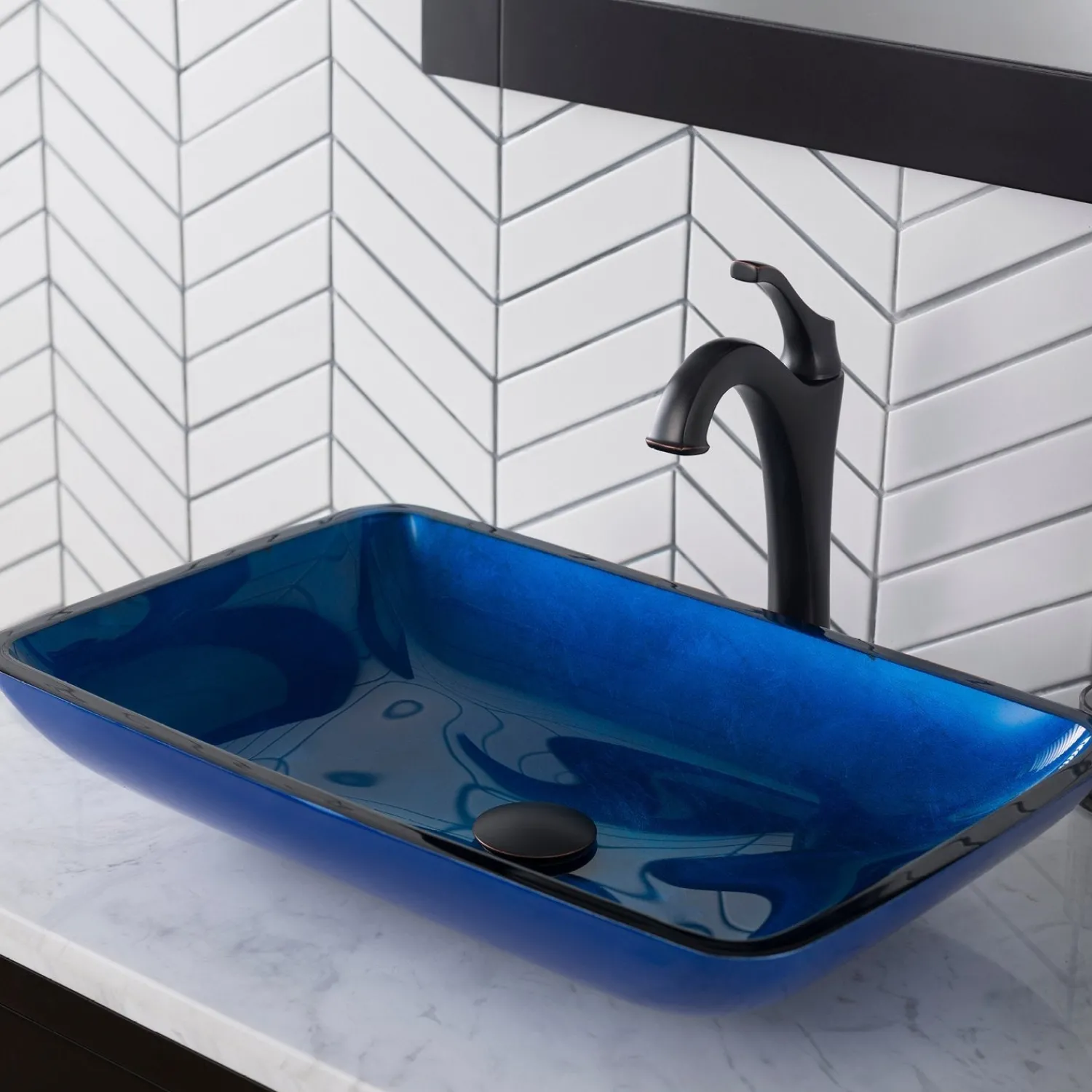 New 22-Inch Rectangular Blue Glass Bathroom Vessel Sink and Arlo Faucet Combo Set with Pop-Up Drain Sink And Faucet Combos|Above Counter / Vessel Sinks