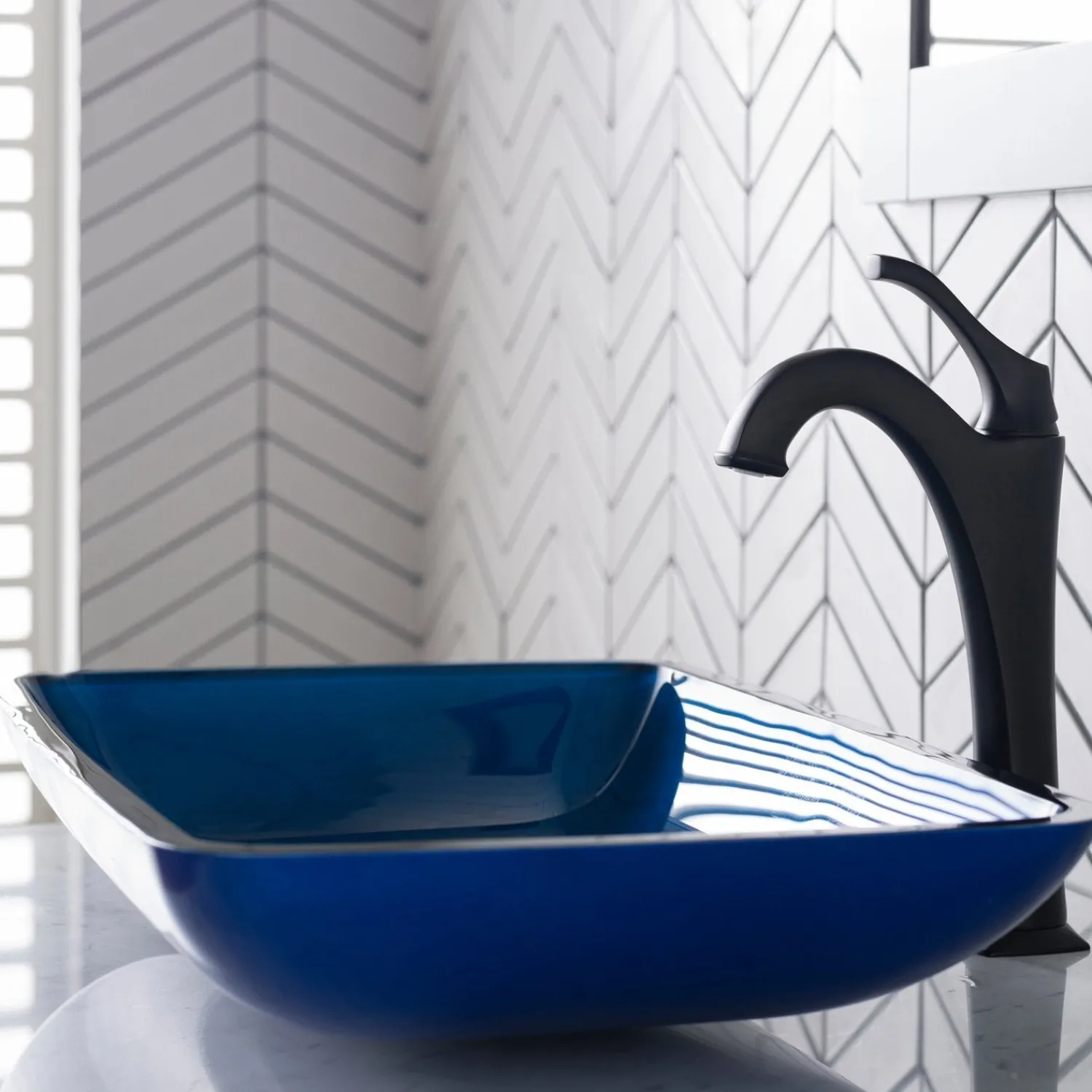 New 22-Inch Rectangular Blue Glass Bathroom Vessel Sink and Arlo Faucet Combo Set with Pop-Up Drain Sink And Faucet Combos|Above Counter / Vessel Sinks