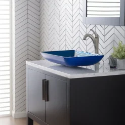 New 22-Inch Rectangular Blue Glass Bathroom Vessel Sink and Arlo Faucet Combo Set with Pop-Up Drain Sink And Faucet Combos|Above Counter / Vessel Sinks