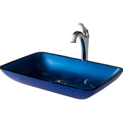 New 22-Inch Rectangular Blue Glass Bathroom Vessel Sink and Arlo Faucet Combo Set with Pop-Up Drain Sink And Faucet Combos|Above Counter / Vessel Sinks