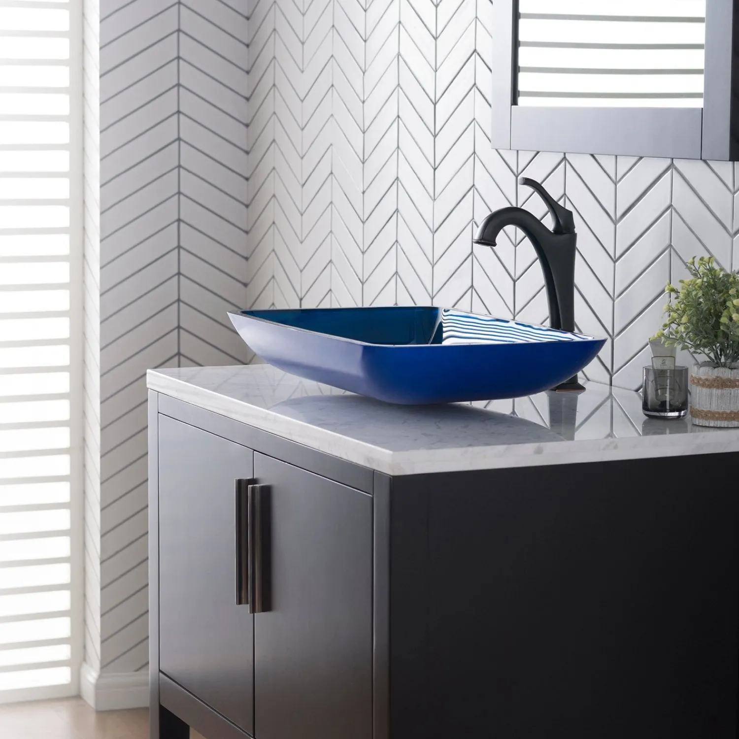 New 22-Inch Rectangular Blue Glass Bathroom Vessel Sink and Arlo Faucet Combo Set with Pop-Up Drain Sink And Faucet Combos|Above Counter / Vessel Sinks