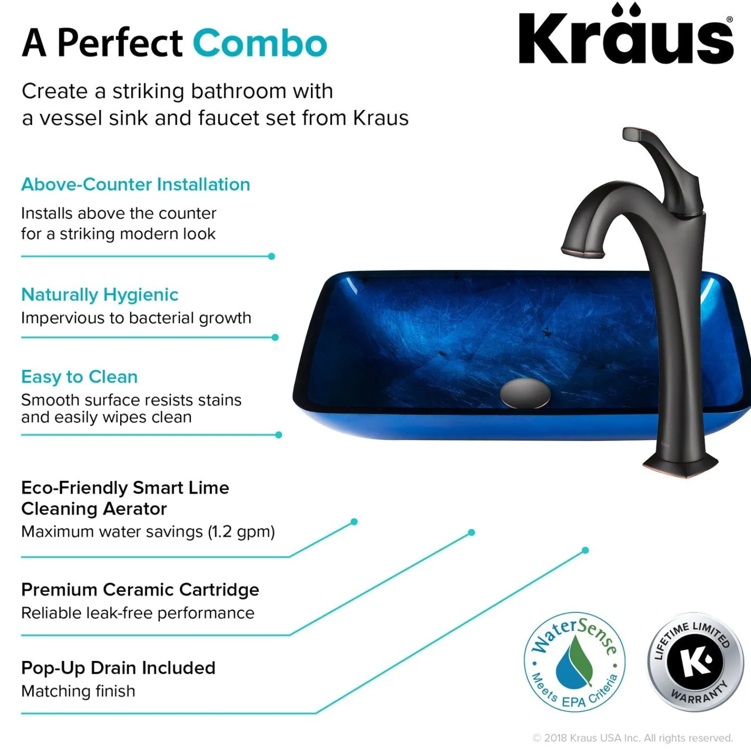 New 22-Inch Rectangular Blue Glass Bathroom Vessel Sink and Arlo Faucet Combo Set with Pop-Up Drain Sink And Faucet Combos|Above Counter / Vessel Sinks