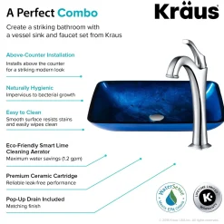 New 22-Inch Rectangular Blue Glass Bathroom Vessel Sink and Arlo Faucet Combo Set with Pop-Up Drain Sink And Faucet Combos|Above Counter / Vessel Sinks