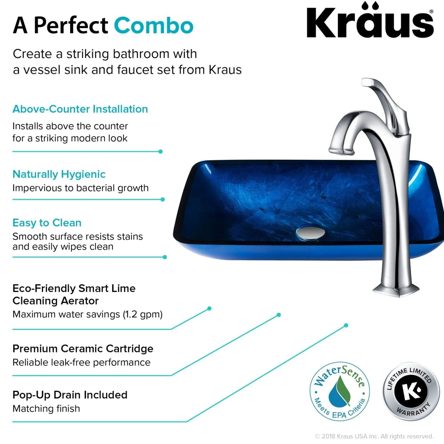New 22-Inch Rectangular Blue Glass Bathroom Vessel Sink and Arlo Faucet Combo Set with Pop-Up Drain Sink And Faucet Combos|Above Counter / Vessel Sinks