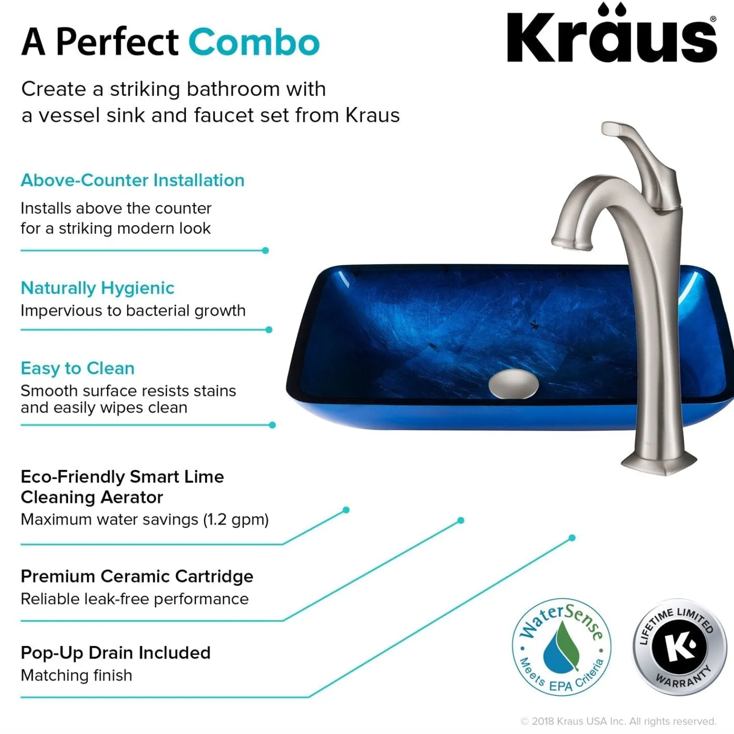 New 22-Inch Rectangular Blue Glass Bathroom Vessel Sink and Arlo Faucet Combo Set with Pop-Up Drain Sink And Faucet Combos|Above Counter / Vessel Sinks