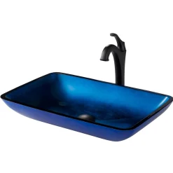 New 22-Inch Rectangular Blue Glass Bathroom Vessel Sink and Arlo Faucet Combo Set with Pop-Up Drain Sink And Faucet Combos|Above Counter / Vessel Sinks