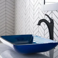 New 22-Inch Rectangular Blue Glass Bathroom Vessel Sink and Arlo Faucet Combo Set with Pop-Up Drain Sink And Faucet Combos|Above Counter / Vessel Sinks