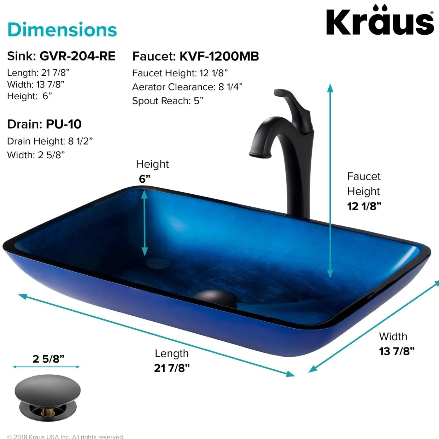 New 22-Inch Rectangular Blue Glass Bathroom Vessel Sink and Arlo Faucet Combo Set with Pop-Up Drain Sink And Faucet Combos|Above Counter / Vessel Sinks