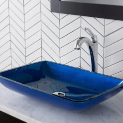 New 22-Inch Rectangular Blue Glass Bathroom Vessel Sink and Arlo Faucet Combo Set with Pop-Up Drain Sink And Faucet Combos|Above Counter / Vessel Sinks