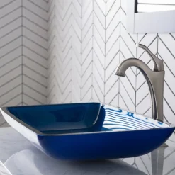 New 22-Inch Rectangular Blue Glass Bathroom Vessel Sink and Arlo Faucet Combo Set with Pop-Up Drain Sink And Faucet Combos|Above Counter / Vessel Sinks