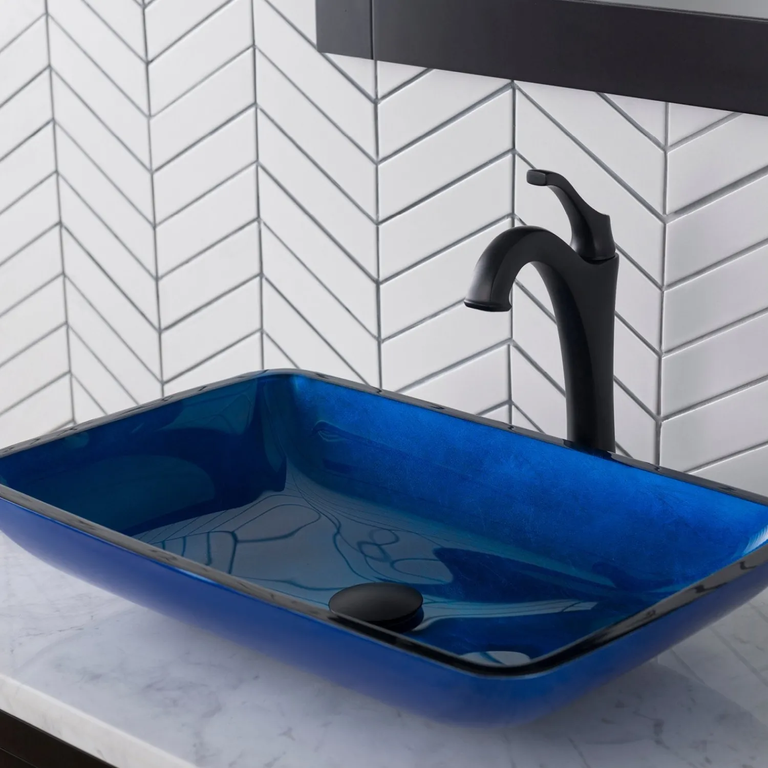 New 22-Inch Rectangular Blue Glass Bathroom Vessel Sink and Arlo Faucet Combo Set with Pop-Up Drain Sink And Faucet Combos|Above Counter / Vessel Sinks