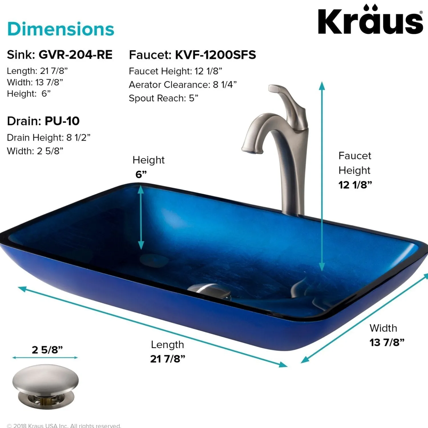 New 22-Inch Rectangular Blue Glass Bathroom Vessel Sink and Arlo Faucet Combo Set with Pop-Up Drain Sink And Faucet Combos|Above Counter / Vessel Sinks