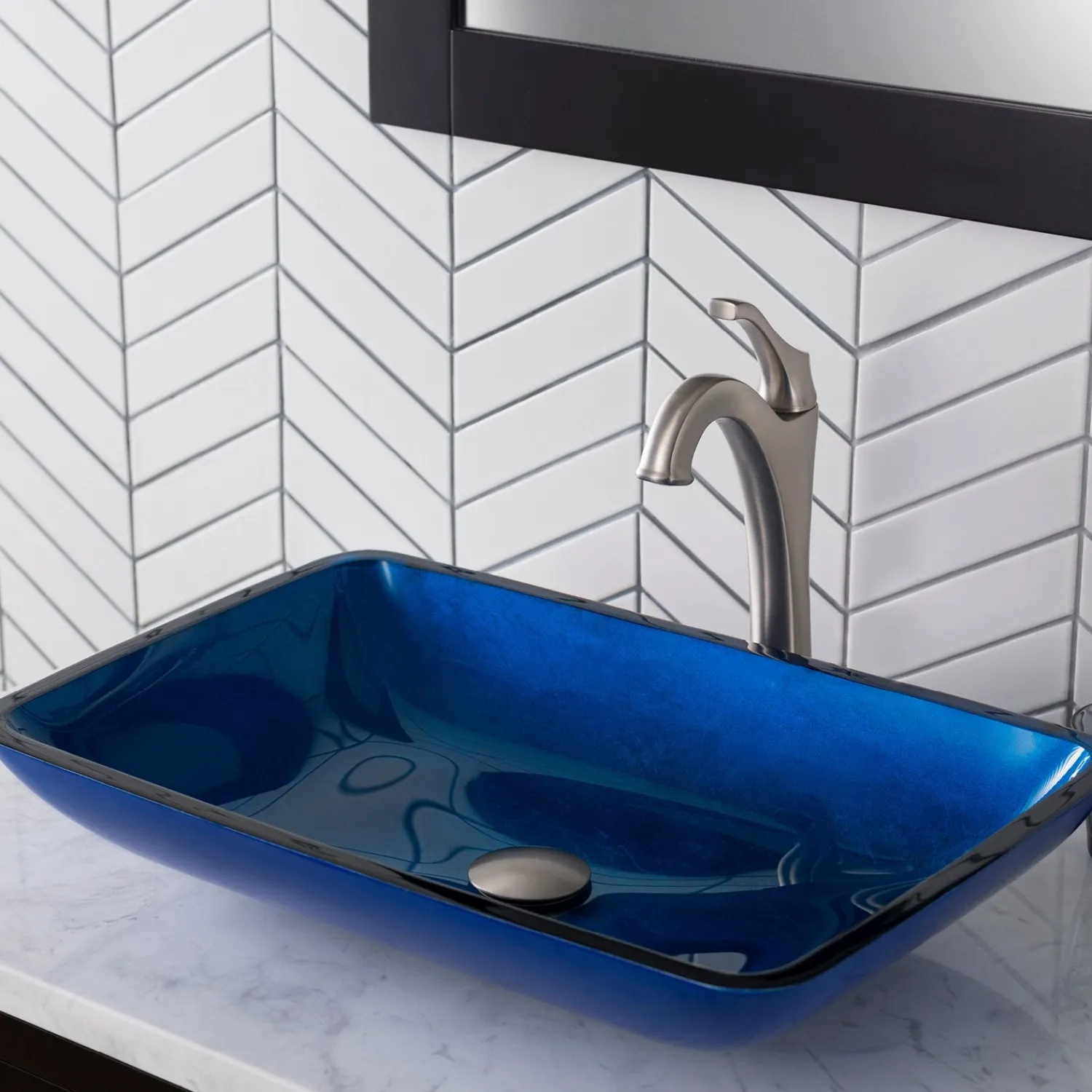 New 22-Inch Rectangular Blue Glass Bathroom Vessel Sink and Arlo Faucet Combo Set with Pop-Up Drain Sink And Faucet Combos|Above Counter / Vessel Sinks