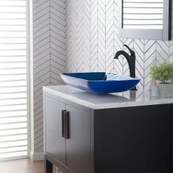 New 22-Inch Rectangular Blue Glass Bathroom Vessel Sink and Arlo Faucet Combo Set with Pop-Up Drain Sink And Faucet Combos|Above Counter / Vessel Sinks