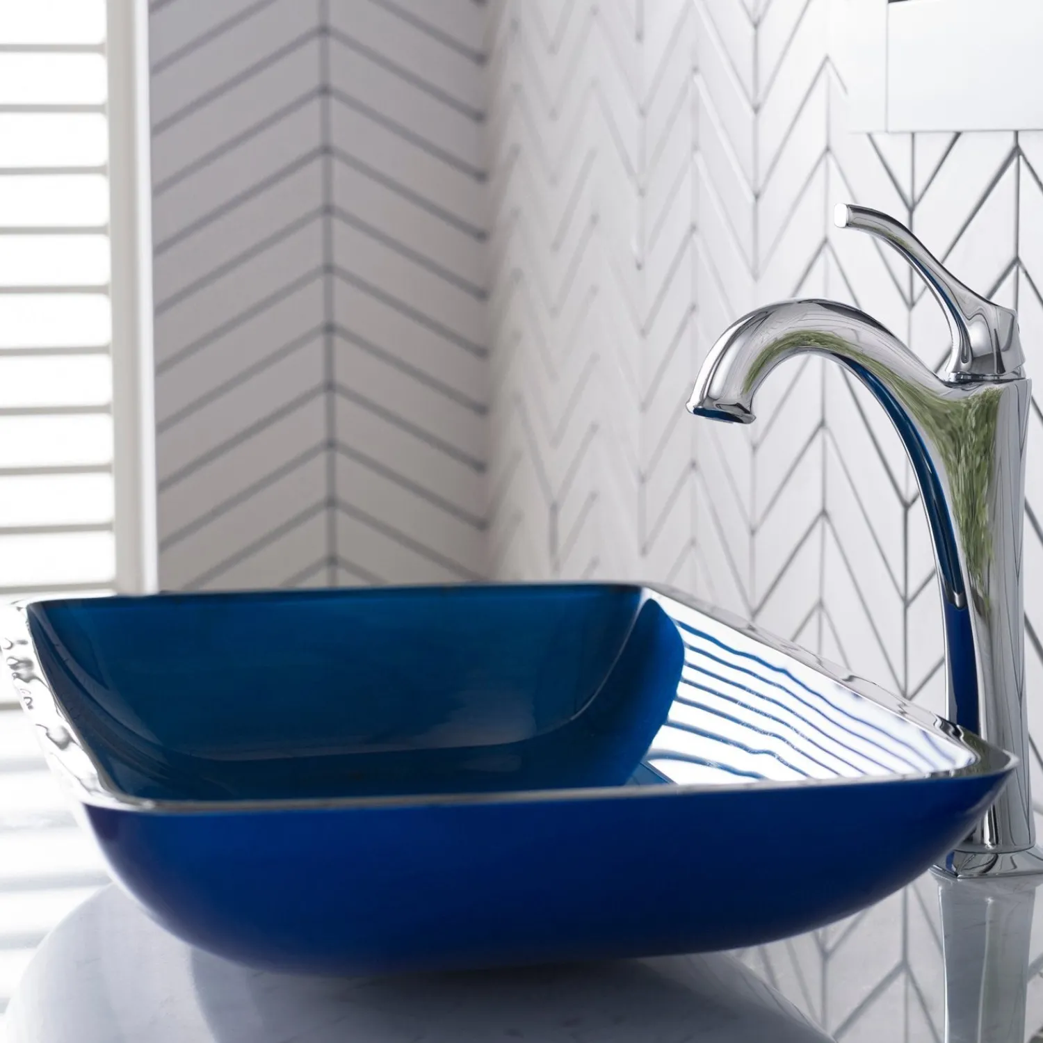 New 22-Inch Rectangular Blue Glass Bathroom Vessel Sink and Arlo Faucet Combo Set with Pop-Up Drain Sink And Faucet Combos|Above Counter / Vessel Sinks