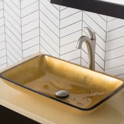 22-Inch Rectangular Gold Glass Bathroom Vessel Sink and Arlo Faucet Combo Set with Pop-Up Drain Sink And Faucet Combos|Above Counter / Vessel Sinks