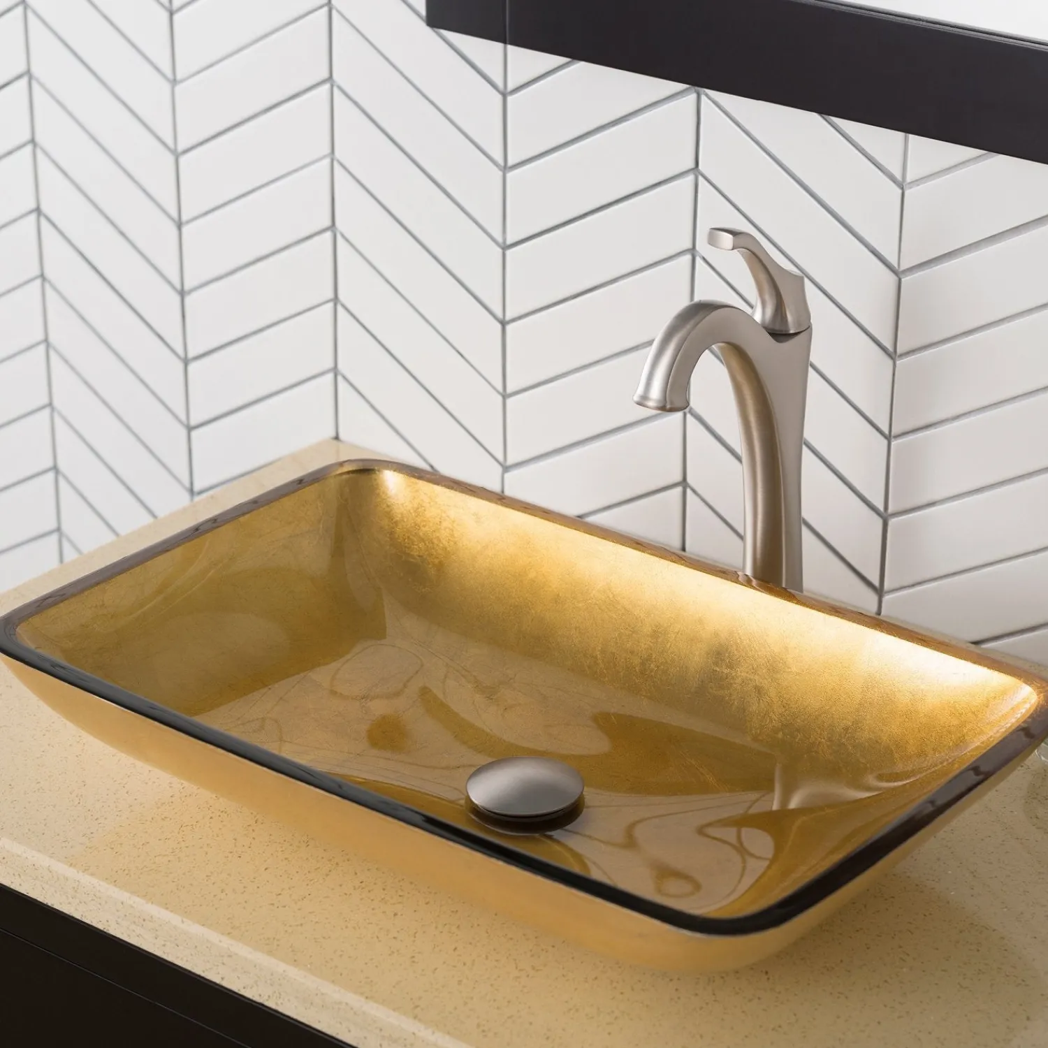 22-Inch Rectangular Gold Glass Bathroom Vessel Sink and Arlo Faucet Combo Set with Pop-Up Drain Sink And Faucet Combos|Above Counter / Vessel Sinks