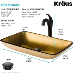 22-Inch Rectangular Gold Glass Bathroom Vessel Sink and Arlo Faucet Combo Set with Pop-Up Drain Sink And Faucet Combos|Above Counter / Vessel Sinks