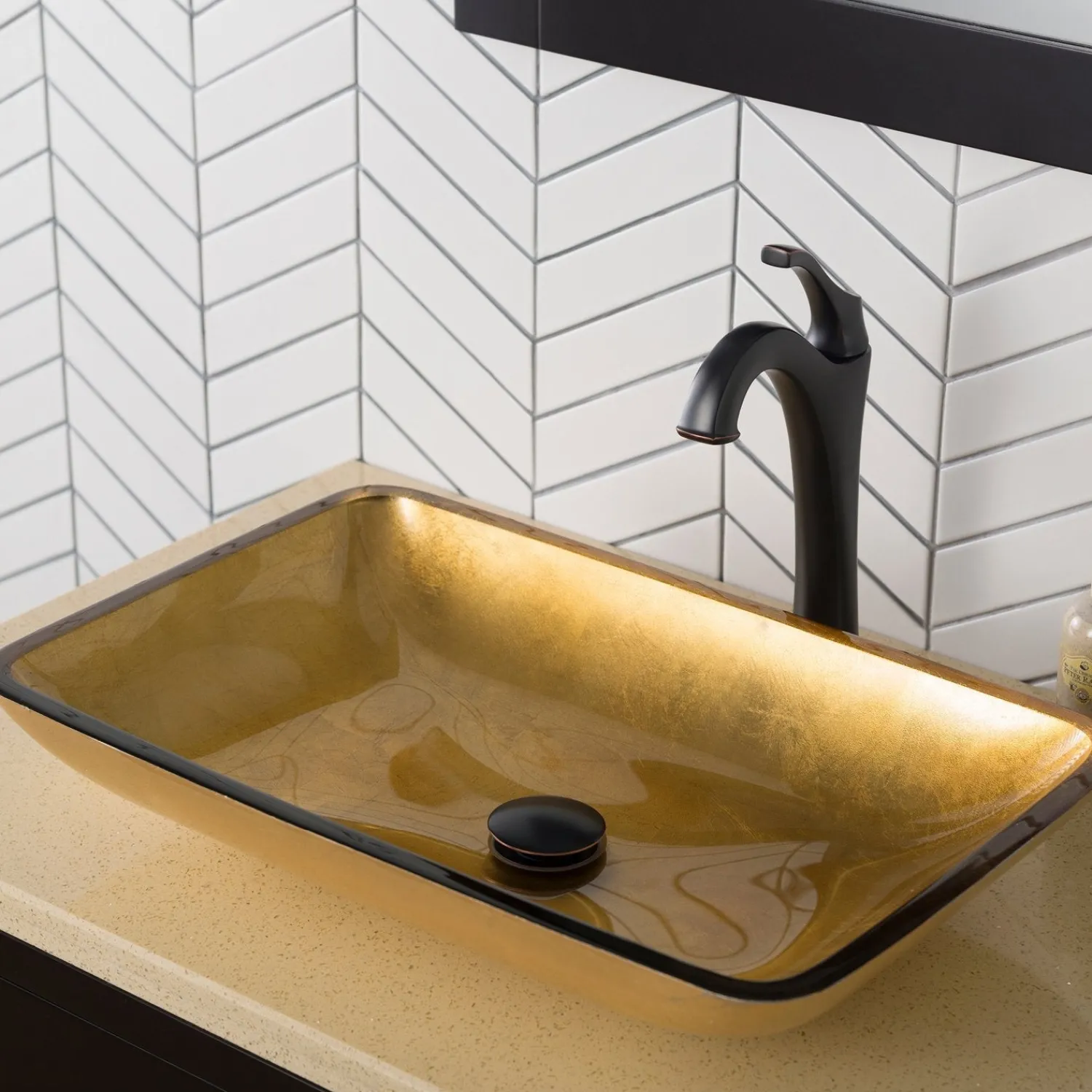 22-Inch Rectangular Gold Glass Bathroom Vessel Sink and Arlo Faucet Combo Set with Pop-Up Drain Sink And Faucet Combos|Above Counter / Vessel Sinks