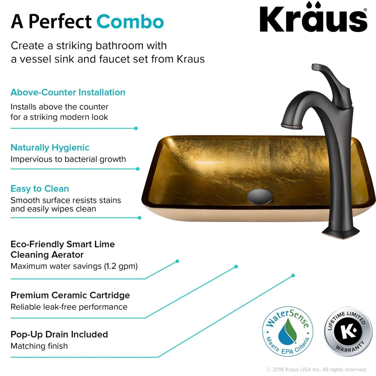 22-Inch Rectangular Gold Glass Bathroom Vessel Sink and Arlo Faucet Combo Set with Pop-Up Drain Sink And Faucet Combos|Above Counter / Vessel Sinks