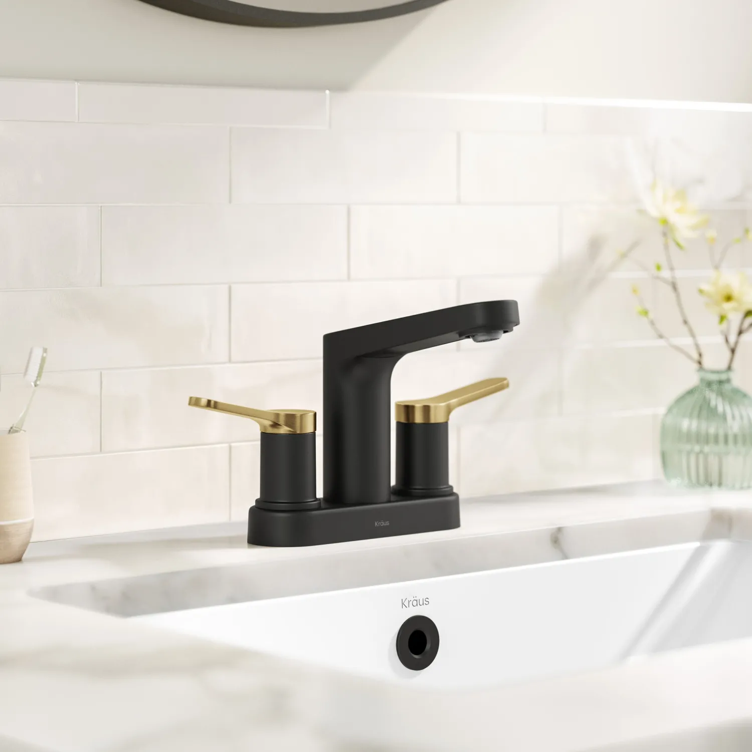 Sale Indy 2-Handle 4-inch Centerset Bathroom Faucet in Matte Black with Brushed Brass 4" Center Set